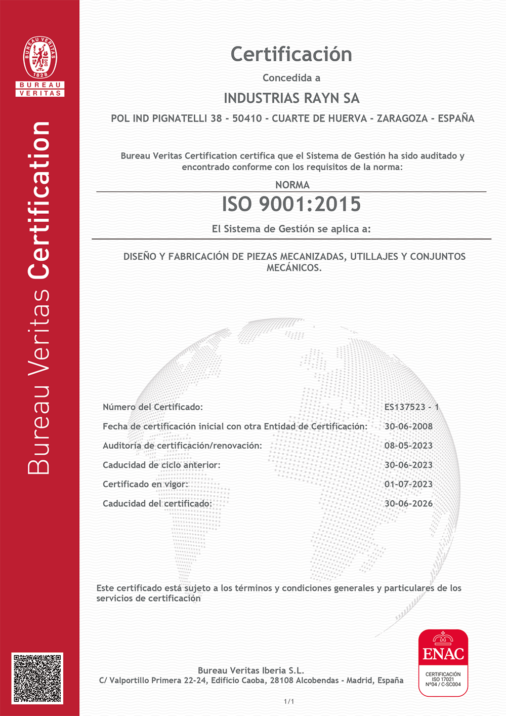 Certificado ISO 9001 Industrias RAYN 2015-2026
